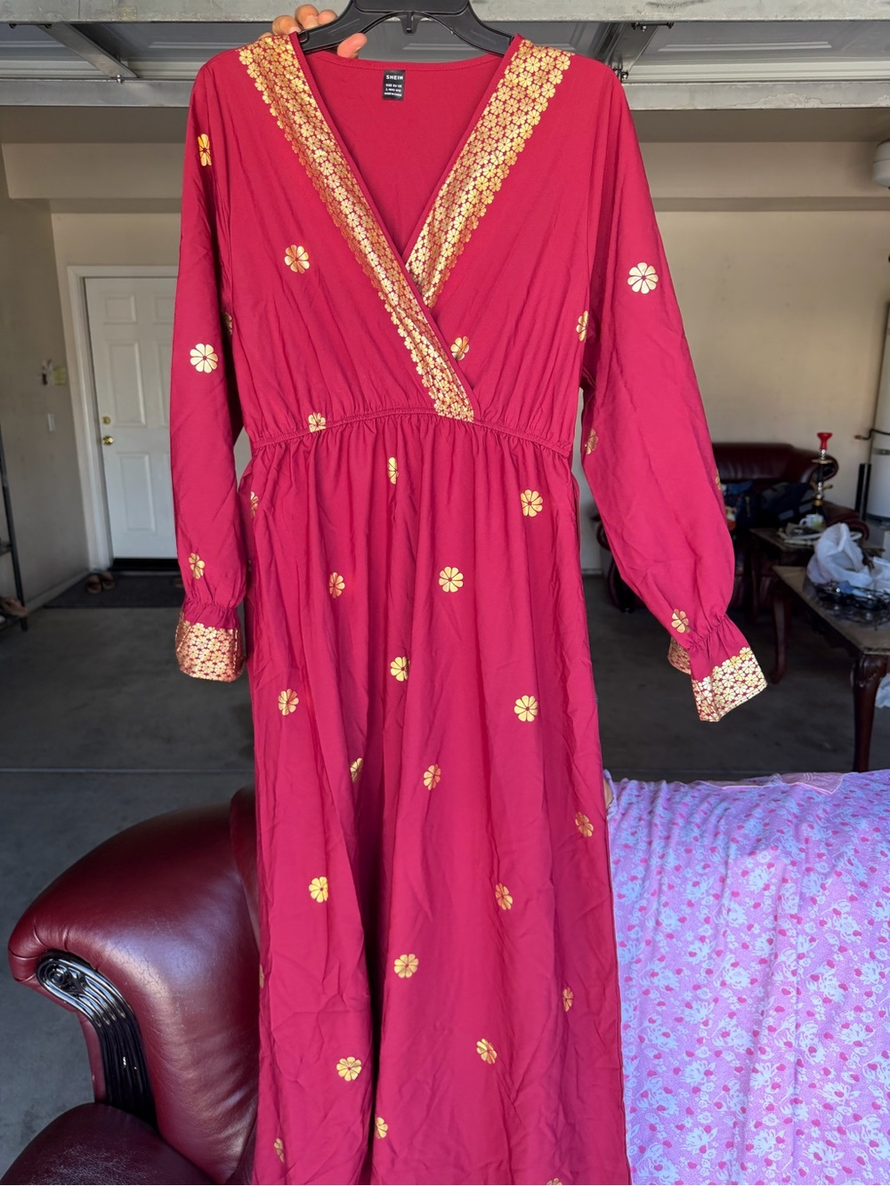 Women's Red Maxi Dress with Gold Floral Accents